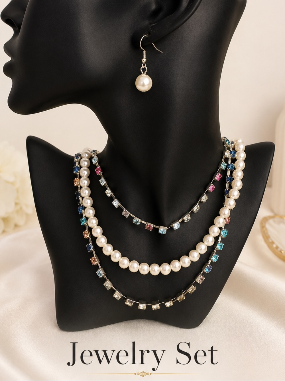 Pearl & Multicolor Crystal Layered Necklace Set with Pearl Drop Earrings